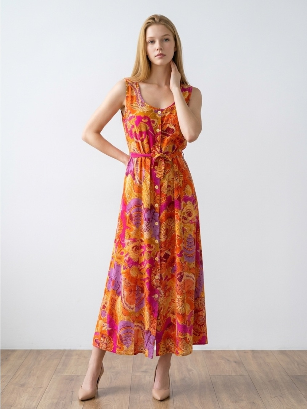 Vintage 90’s Sleeveless Maxi Dress in Fuchsia & Orange Floral Print - Picture 2 of 10